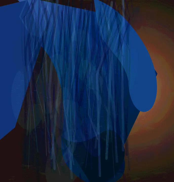 Gravity Keeps the Blue Cloth: cumulative painting state 3 of 5; Gravity Keeps the Blue Cloth is a completed original from SOL-ULTRA-SALON-B-01. Sealed jury decision: reject. Large blue loop and orange aperture become a centered logo-like mask; scratches and drips furnish an already complete emblem.