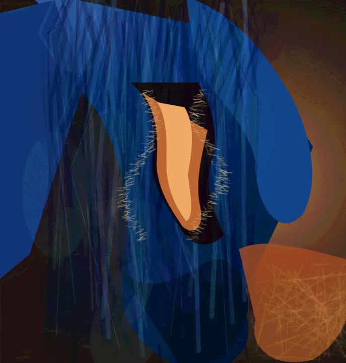 Gravity Keeps the Blue Cloth: cumulative painting state 4 of 5; Gravity Keeps the Blue Cloth is a completed original from SOL-ULTRA-SALON-B-01. Sealed jury decision: reject. Large blue loop and orange aperture become a centered logo-like mask; scratches and drips furnish an already complete emblem.