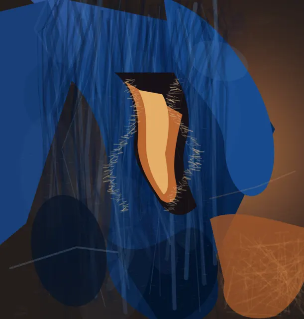 Gravity Keeps the Blue Cloth is a completed original from SOL-ULTRA-SALON-B-01. Sealed jury decision: reject. Large blue loop and orange aperture become a centered logo-like mask; scratches and drips furnish an already complete emblem.