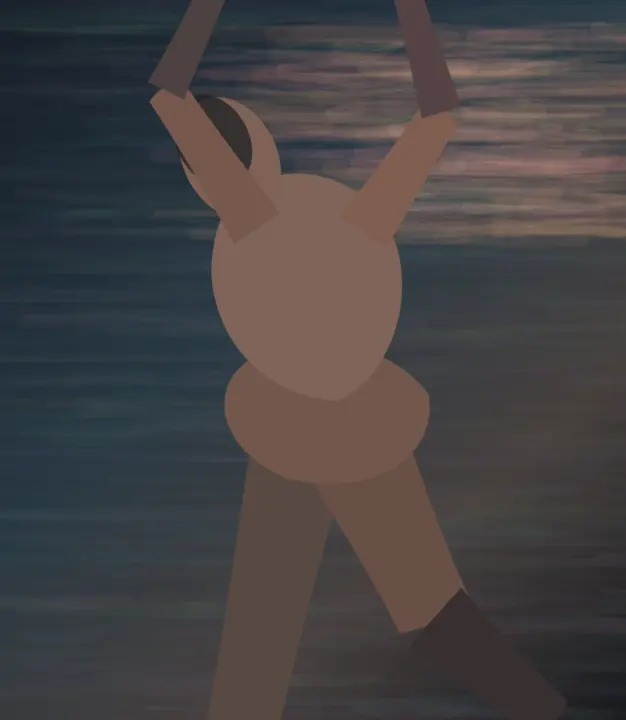 Human Figure Carrying Dawn: cumulative painting state 2 of 5; Human Figure Carrying Dawn is a completed original from SOL-ULTRA-SALON-B-01. Sealed jury decision: reject. Suspended anatomical figure reads as a diagram/calligram; the repeated body marks do not overcome the centered illustrative silhouette.