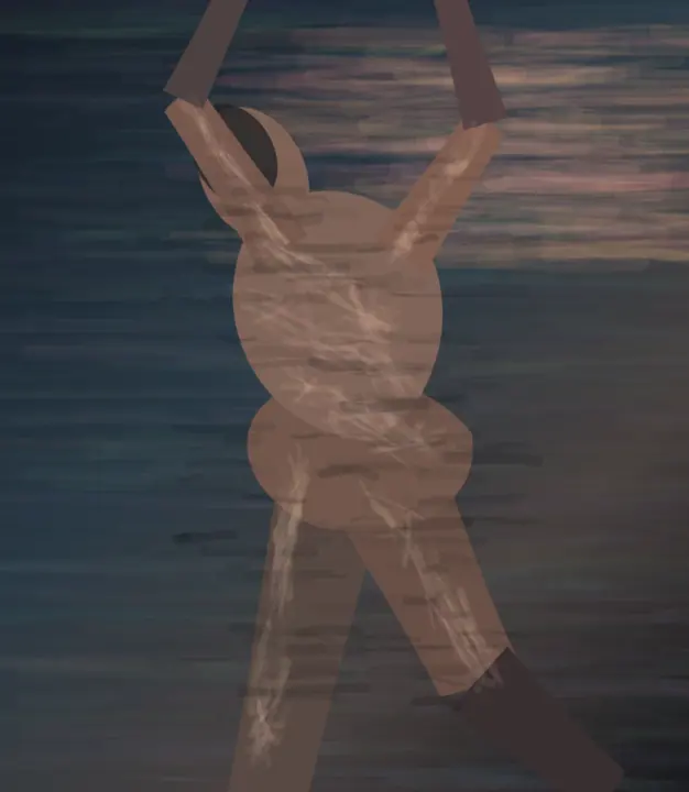 Human Figure Carrying Dawn: cumulative painting state 3 of 5; Human Figure Carrying Dawn is a completed original from SOL-ULTRA-SALON-B-01. Sealed jury decision: reject. Suspended anatomical figure reads as a diagram/calligram; the repeated body marks do not overcome the centered illustrative silhouette.