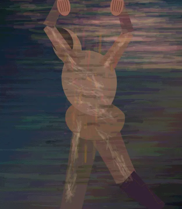 Human Figure Carrying Dawn: cumulative painting state 4 of 5; Human Figure Carrying Dawn is a completed original from SOL-ULTRA-SALON-B-01. Sealed jury decision: reject. Suspended anatomical figure reads as a diagram/calligram; the repeated body marks do not overcome the centered illustrative silhouette.