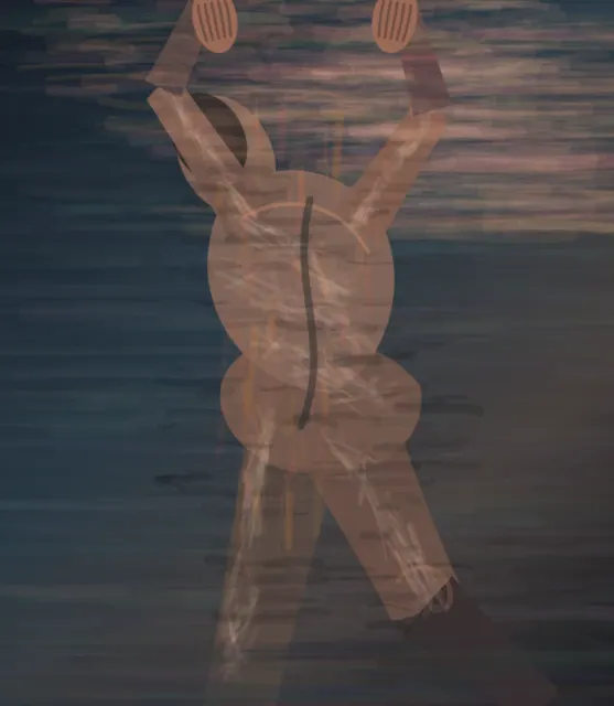 Human Figure Carrying Dawn is a completed original from SOL-ULTRA-SALON-B-01. Sealed jury decision: reject. Suspended anatomical figure reads as a diagram/calligram; the repeated body marks do not overcome the centered illustrative silhouette.