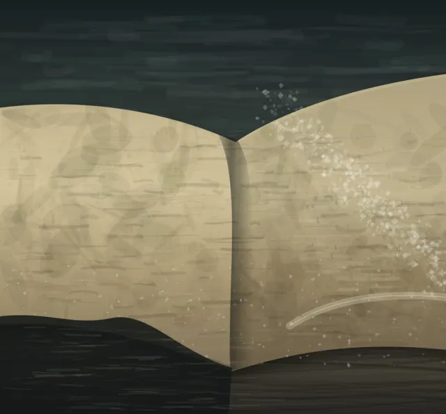 The Book of Salt is a completed original from SOL-ULTRA-SALON-B-01. Sealed jury decision: reject. Open-book silhouette, center gutter, page fields, and particulate notation read as a designed symbol or spread rather than material event.