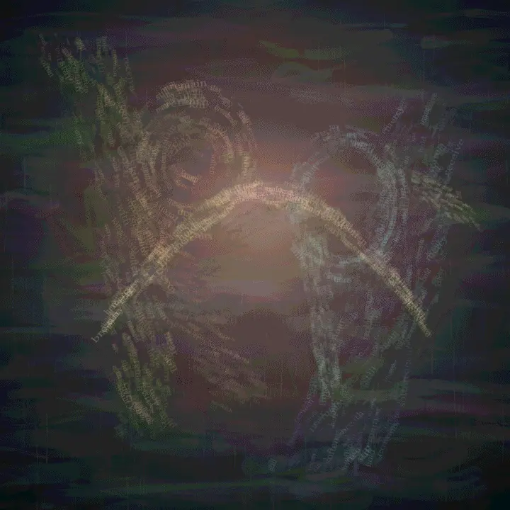 Mercy Is a Density: cumulative painting state 3 of 4; Mercy Is a Density is a completed original from SOL-ULTRA-SALON-B-01. Sealed jury decision: hold. The near-contact interval is emotionally legible, yet the bilateral lexical hands remain calligrams and drift toward a closed symbolic embrace.