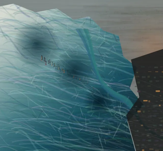 The Last Kilometer of Blue is a completed original from SOL-ULTRA-SALON-B-01. Sealed jury decision: keep. Best scale argument in the salon: immense ice, minute procession, and hard city collision. Keep despite procedural ice strokes, stick figures, and schematic architecture.
