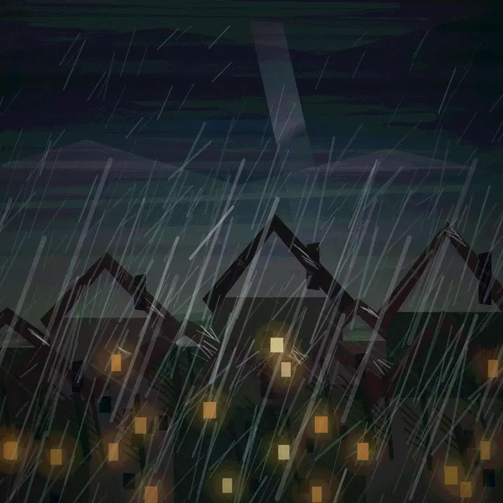 Prime Rain over Houses: cumulative painting state 5 of 5; Prime Rain over Houses is a completed original from SOL-ULTRA-SALON-B-01. Sealed jury decision: hold. Severe weather and inhabited amber panes work, but geometric roofs, uniform rain, and cinematic glow keep it below the accepted floor.