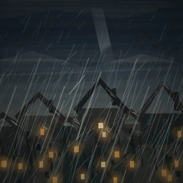 Prime Rain over Houses is a completed original from SOL-ULTRA-SALON-B-01. Sealed jury decision: hold. Severe weather and inhabited amber panes work, but geometric roofs, uniform rain, and cinematic glow keep it below the accepted floor.