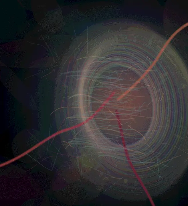 Embryo of a City: cumulative painting state 2 of 4; Embryo of a City is a completed original from SOL-ULTRA-SALON-B-01. Sealed jury decision: reject. Rounded cells/windows, concentric membrane, and red routes remain biological/urban visualization and UI-like chamber diagram.