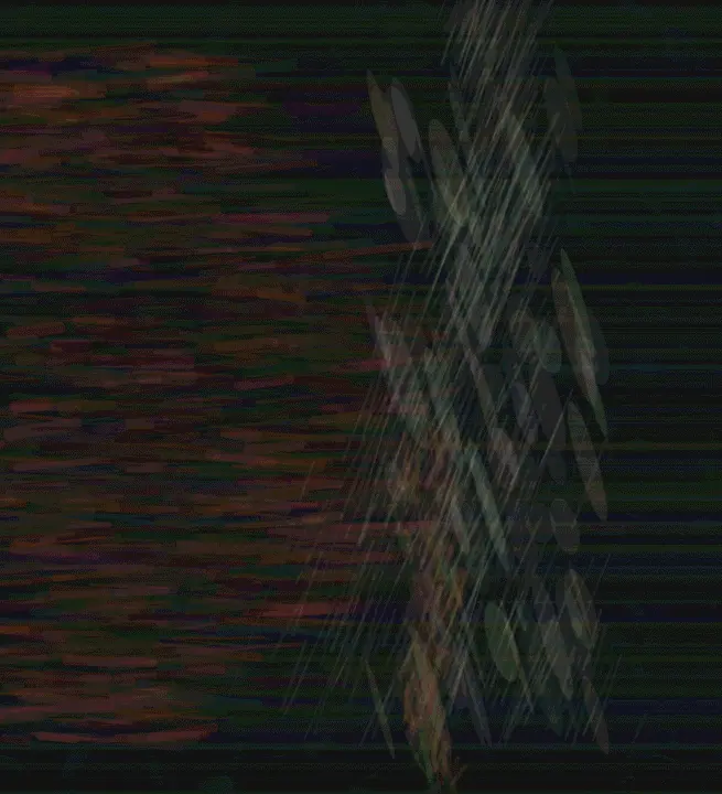 Hymn without Architecture: cumulative painting state 3 of 4; Hymn without Architecture is a completed original from SOL-ULTRA-SALON-B-01. Sealed jury decision: reject. Dark field with separate red deposits and pale vertical mesh lacks a singular whole-image decision and reads as generic procedural abstraction.