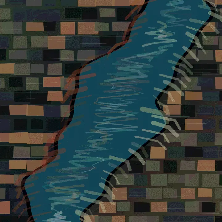 The River Refuses the Grid: cumulative painting state 2 of 5; The River Refuses the Grid is a completed original from SOL-ULTRA-SALON-B-01. Sealed jury decision: reject. Bright river ribbon, brick grid, and crossing ticks explain river versus city diagrammatically; flow-field polish does not produce material consequence.