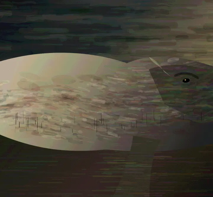 Flood Animal, Turning: cumulative painting state 3 of 4; Flood Animal, Turning is a completed original from SOL-ULTRA-SALON-B-01. Sealed jury decision: hold. Immense flood-animal collision and gold eye are memorable, but the pale capsule, eye emblem, repetitive rain, and lower stripes disclose the construction too readily.