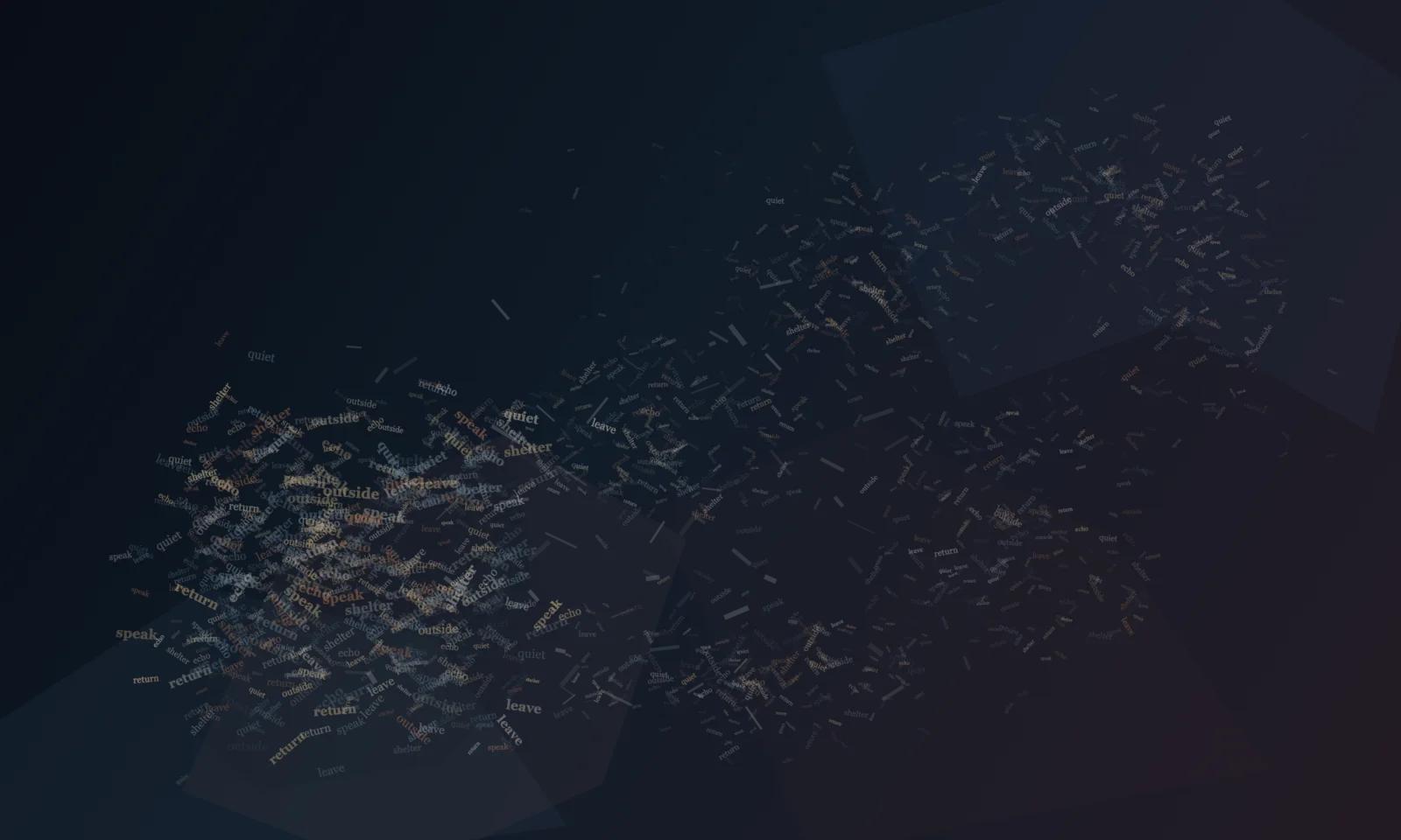 Compressed dark speech matter begins in one dense pocket and disperses into exposed receiving air; shelter is constituted by lexical density and occlusion, not drawn architecture.