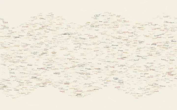 Surface of Many Hands: cumulative painting state 2 of 3; Surface of Many Hands uses fingerprint strata so small meaningful words carry the image's pressure and open intervals.