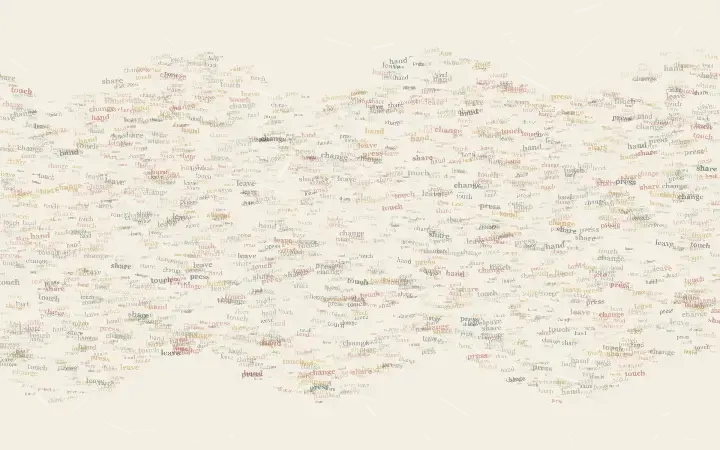 Surface of Many Hands: cumulative painting state 3 of 3; Surface of Many Hands uses fingerprint strata so small meaningful words carry the image's pressure and open intervals.
