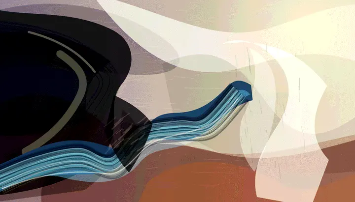 The Blue Animal Breaks the Quarry: cumulative painting state 3 of 4; Clear current-to-rupture sequence and strong values, undermined by immaculate parallel ribbons and a designed terminal burst.