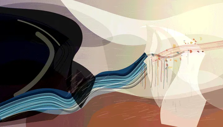 The Blue Animal Breaks the Quarry: cumulative painting state 4 of 4; Clear current-to-rupture sequence and strong values, undermined by immaculate parallel ribbons and a designed terminal burst.