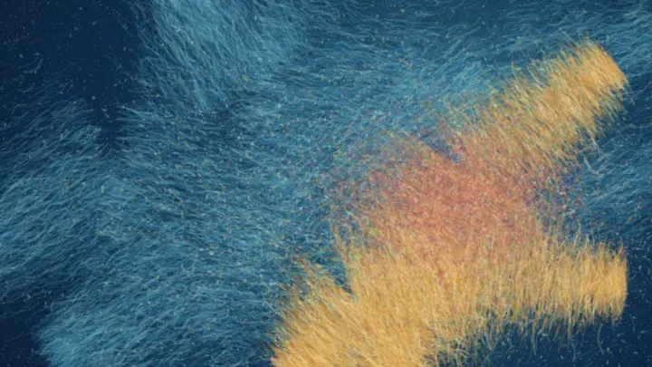 The Blue Remembers the Gold: cumulative painting state 1 of 3; A wide dark-cobalt field opens into a frame-cut current of cyan bristles; muted coral and gold pressure gathers low at the right while the left remains materially quiet.
