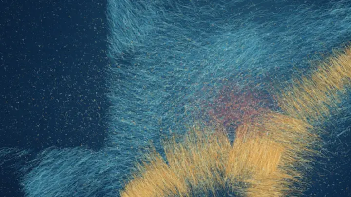 The Blue Remembers the Gold: cumulative painting state 2 of 3; A wide dark-cobalt field opens into a frame-cut current of cyan bristles; muted coral and gold pressure gathers low at the right while the left remains materially quiet.