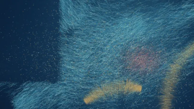 A wide dark-cobalt field opens into a frame-cut current of cyan bristles; muted coral and gold pressure gathers low at the right while the left remains materially quiet.
