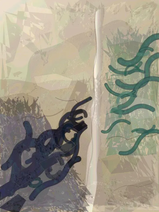 The Distance Between Mouth and Ear: cumulative painting state 4 of 7; Rich palimpsest and line density at close range; middle values crowd together and color carries too much organization.