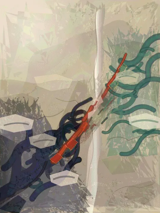 The Distance Between Mouth and Ear: cumulative painting state 7 of 7; Rich palimpsest and line density at close range; middle values crowd together and color carries too much organization.