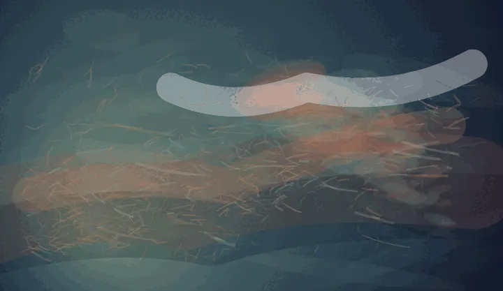 The First Separation: cumulative painting state 3 of 3; A wide dusk-blue field carries a pale green haze from the lower-left. Several long translucent ochre, teal, and plum bands cross the frame, with a small chain of warm deposits near the upper-right and scattered copper/cyan flecks in the open field.