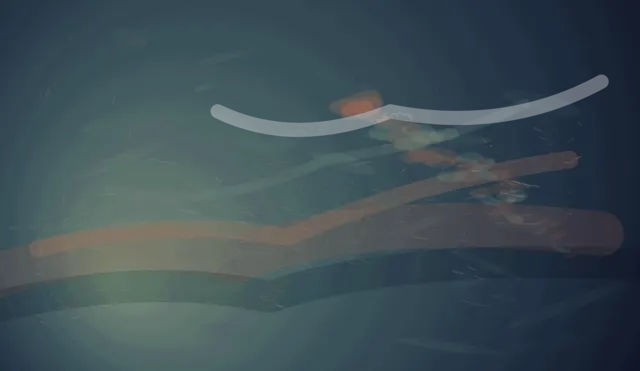 A wide dusk-blue field carries a pale green haze from the lower-left. Several long translucent ochre, teal, and plum bands cross the frame, with a small chain of warm deposits near the upper-right and scattered copper/cyan flecks in the open field.