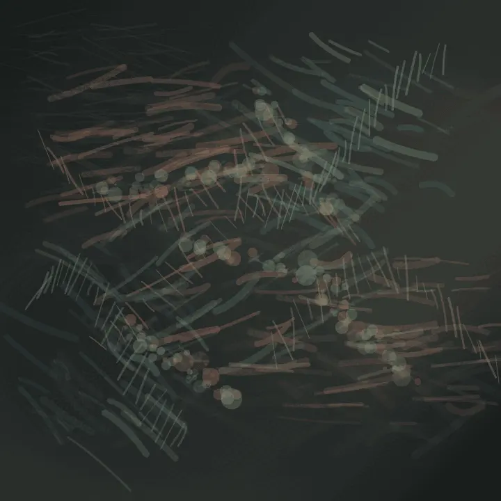 The Joint Forgets: cumulative painting state 2 of 3; A charcoal-green square field contains rust, sage, and pale scratches organized around a dark circular pooling area, with beads of light and loose drypoint cuts around it.