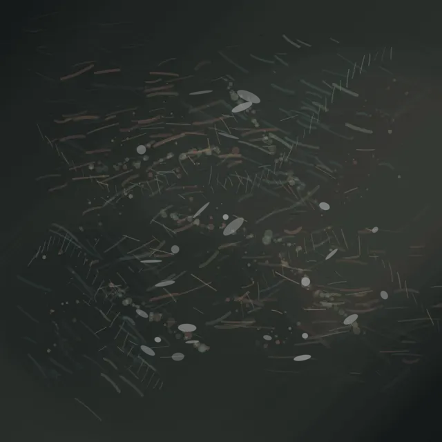 A charcoal-green square field contains rust, sage, and pale scratches organized around a dark circular pooling area, with beads of light and loose drypoint cuts around it.