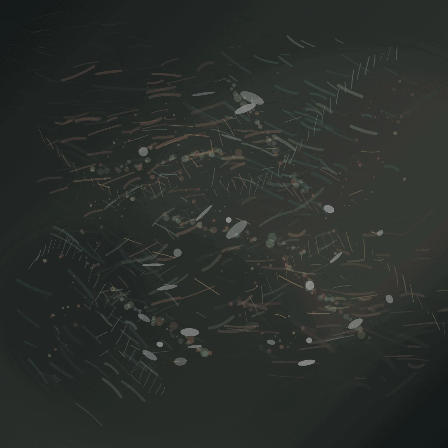 A charcoal-green square field contains rust, sage, and pale scratches organized around a dark circular pooling area, with beads of light and loose drypoint cuts around it.