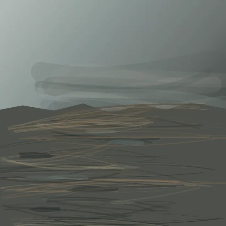 The Kiln Keeps the Tide: cumulative painting state 1 of 4; Severe industrial mass and cold atmospheric void hold at full size; fog bands and pebble dabs remain the limiting software tells.