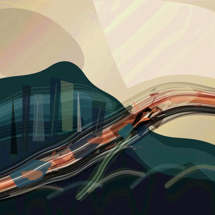 The Kiln Road Learns the Weather: cumulative painting state 4 of 4; Sweeping pressure route has depth and rhythm, but accumulated spline bundles remain largely additive rather than visibly transforming one another.