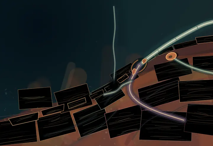 The Membrane Learns Two Hungers: cumulative painting state 3 of 4; Specific technological interior and layered depth, but screens, rails, and looped conduits make the image schematic.