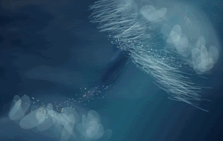 The Night Held in Ice: cumulative painting state 2 of 4; A cropped glacier body hangs across a blue-black field: pale ice planes overlap a branched cobalt interior, with fractured edges catching mineral light and quiet intervals left open around the pressure.