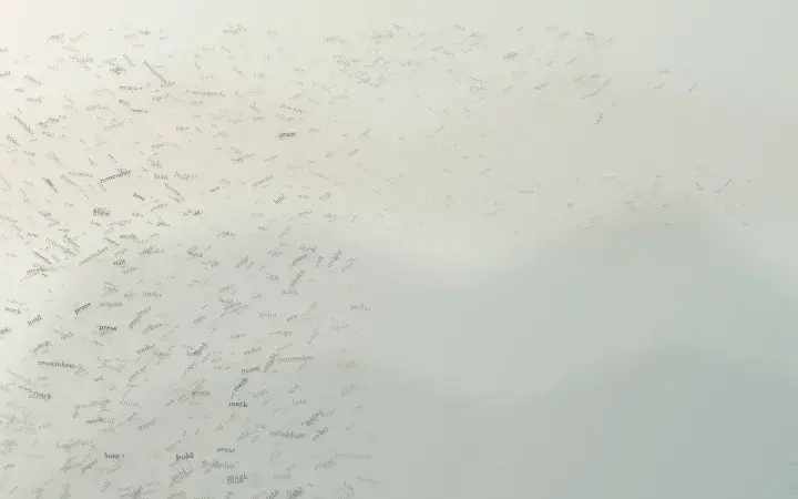 The Paper Keeps the Pressure: cumulative painting state 3 of 3; A platen-like field gathers enlarged and ghosted words into a lower-left impression, releasing toward a broad paper interval where faint transfers remain.