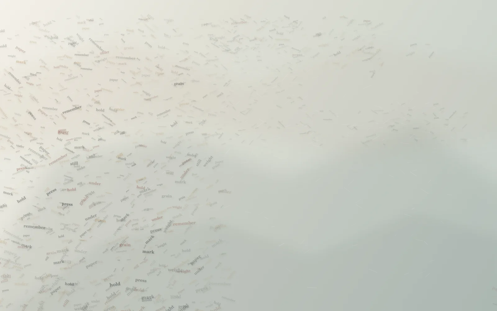 A platen-like field gathers enlarged and ghosted words into a lower-left impression, releasing toward a broad paper interval where faint transfers remain.