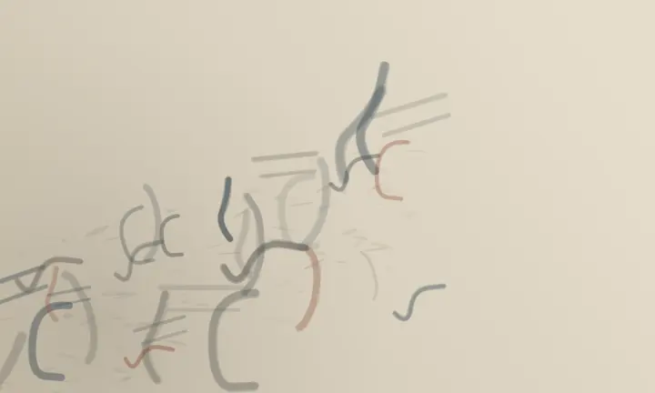The Premise Was Removed First: cumulative painting state 2 of 7; Torn diagonal and secondary shear imply abrasion, but stray glyph-like loops and a centered black hook push it toward notation.