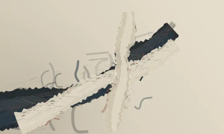 The Premise Was Removed First: cumulative painting state 5 of 7; Torn diagonal and secondary shear imply abrasion, but stray glyph-like loops and a centered black hook push it toward notation.