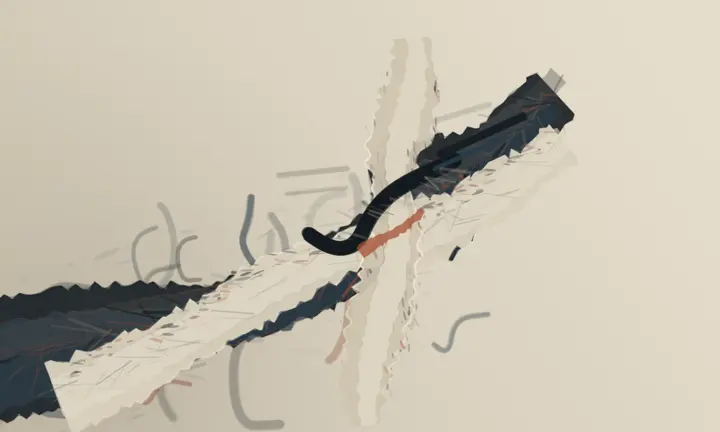 The Premise Was Removed First: cumulative painting state 6 of 7; Torn diagonal and secondary shear imply abrasion, but stray glyph-like loops and a centered black hook push it toward notation.