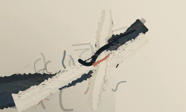 Torn diagonal and secondary shear imply abrasion, but stray glyph-like loops and a centered black hook push it toward notation.