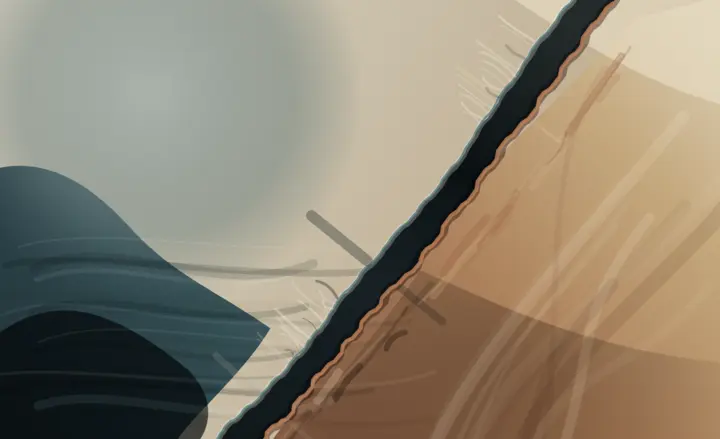 The Remainder Cannot Be Seamed: cumulative painting state 2 of 5; Strong diagonal hinge and granular ridge; native outlines and regular chips make the geology read as an infographic cross-section.