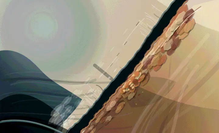 The Remainder Cannot Be Seamed: cumulative painting state 5 of 5; Strong diagonal hinge and granular ridge; native outlines and regular chips make the geology read as an infographic cross-section.