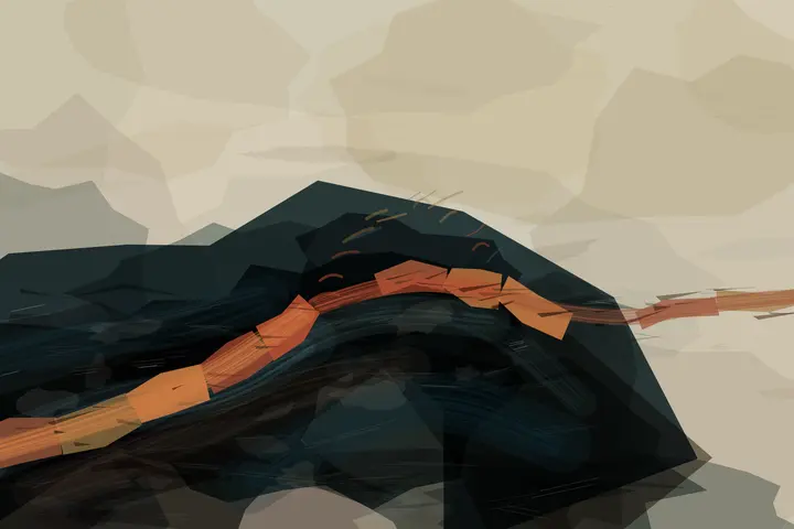 The River Refused the Detour: cumulative painting state 3 of 4; Native leader: layered dark strata make the white rupture and rust route feel excavated rather than placed; the pale field stays active.