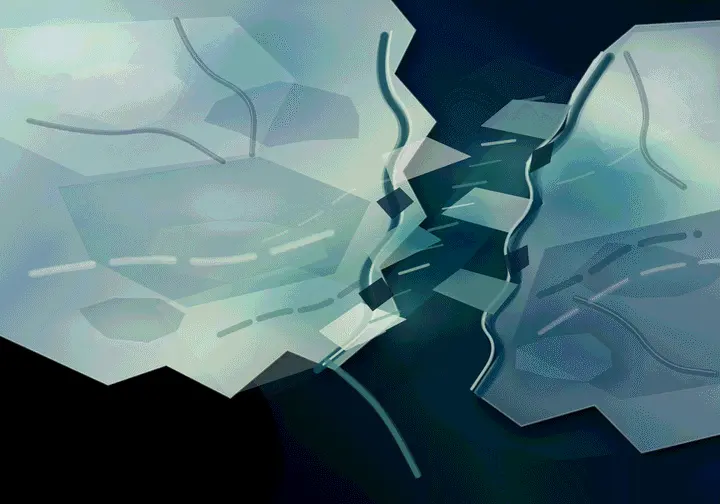 The Salt Remembers the Closing: cumulative painting state 3 of 4; The fissure organizes the field strongly; glow, centered fracture, and faceted planes turn it into a game emblem.