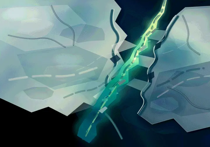 The Salt Remembers the Closing: cumulative painting state 4 of 4; The fissure organizes the field strongly; glow, centered fracture, and faceted planes turn it into a game emblem.