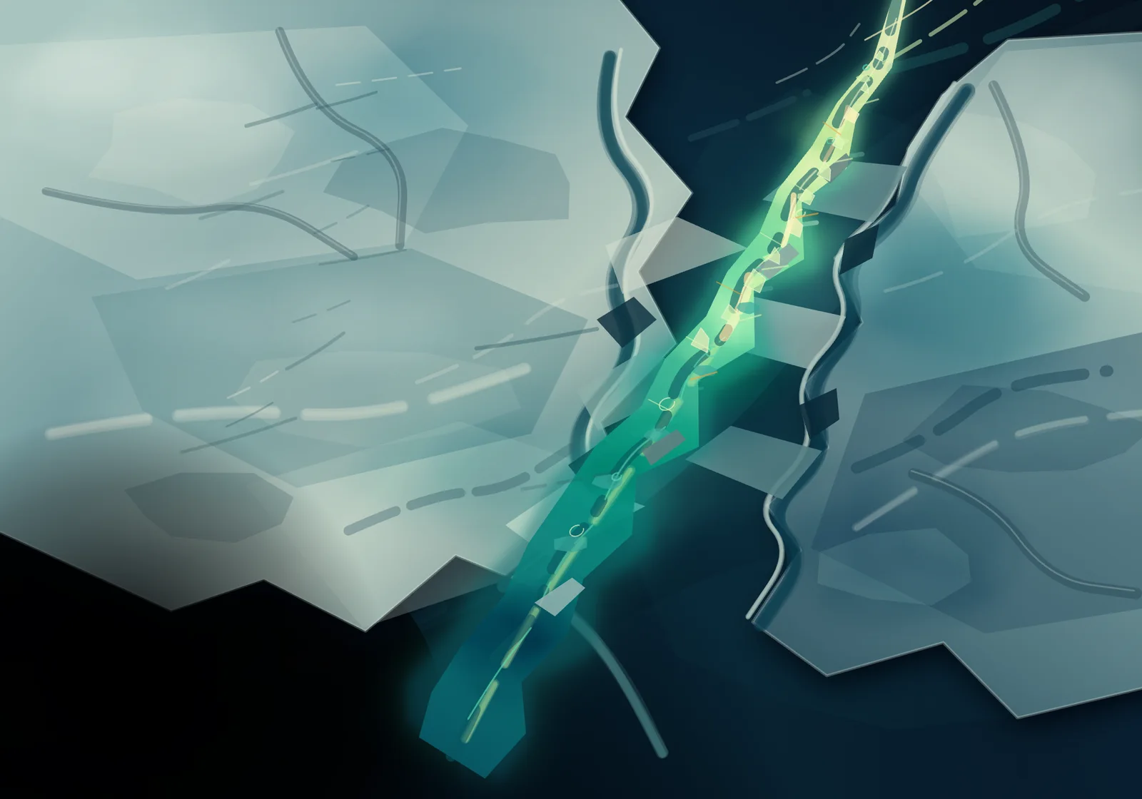 The fissure organizes the field strongly; glow, centered fracture, and faceted planes turn it into a game emblem.
