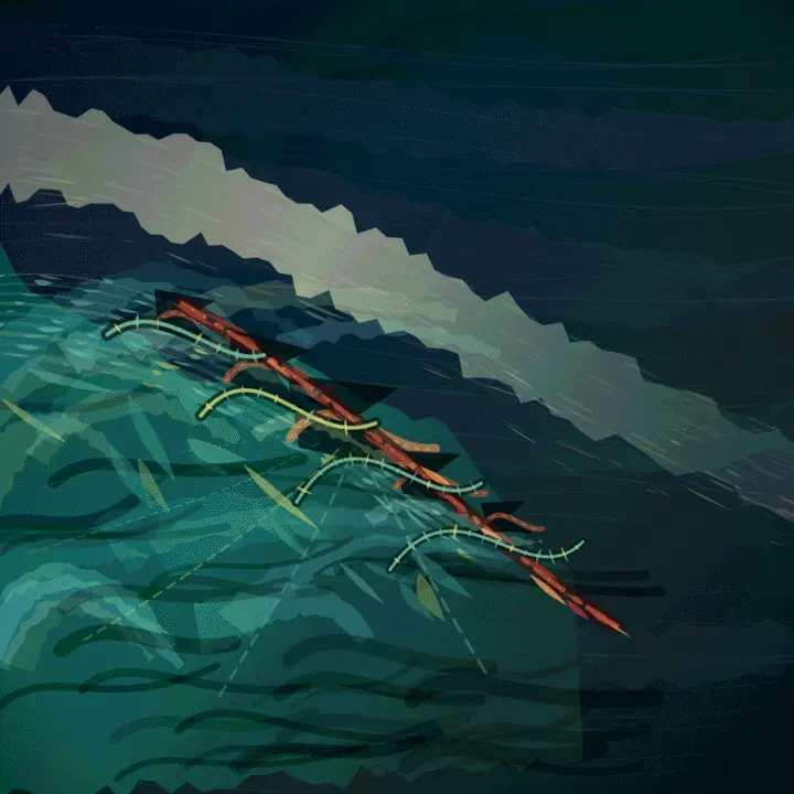 The Shear Keeps What Learns to Bend: cumulative painting state 4 of 5; Storm-sea turbulence and buried filaments survive grayscale, but repeated wave grammar becomes decorative at native resolution.