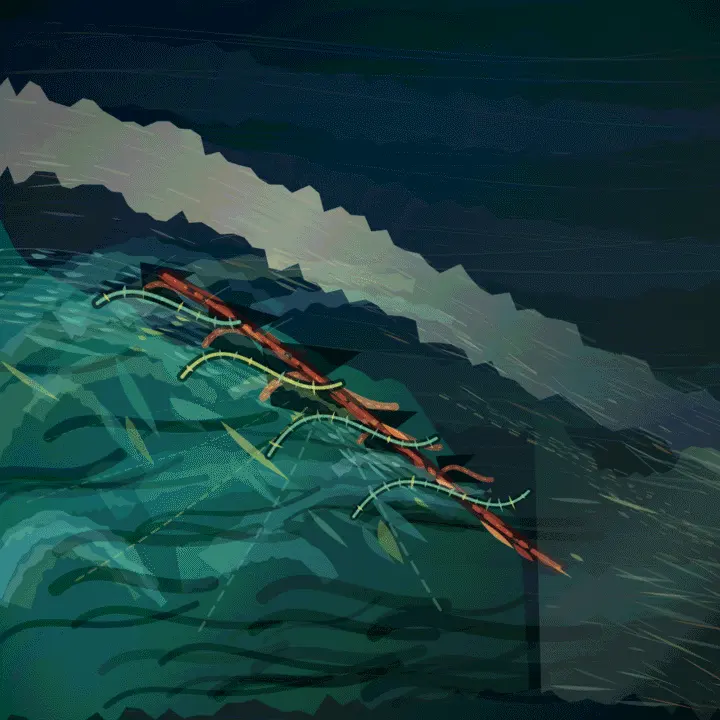The Shear Keeps What Learns to Bend: cumulative painting state 5 of 5; Storm-sea turbulence and buried filaments survive grayscale, but repeated wave grammar becomes decorative at native resolution.