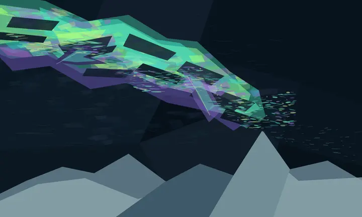 The Sky Keeps the Scar: cumulative painting state 3 of 5; Large-scale crystalline route is immediately legible, but neon faceting and game-environment spectacle overpower material history.